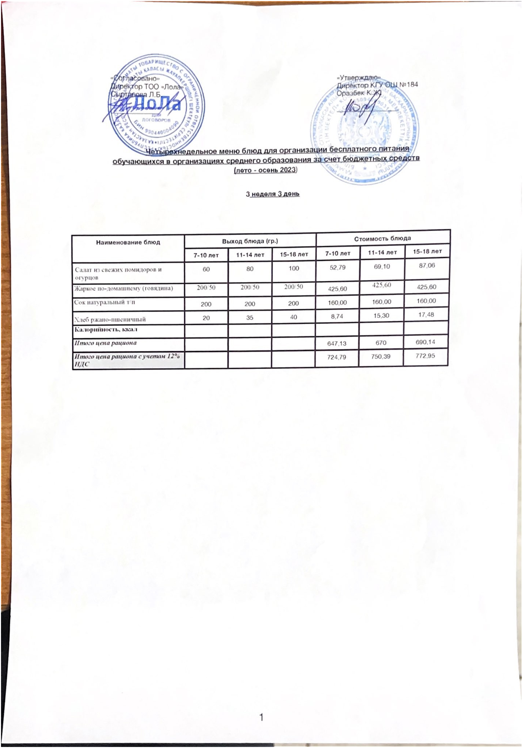 Ас мәзірі. 3 апта 3- күн (20.09.2023)