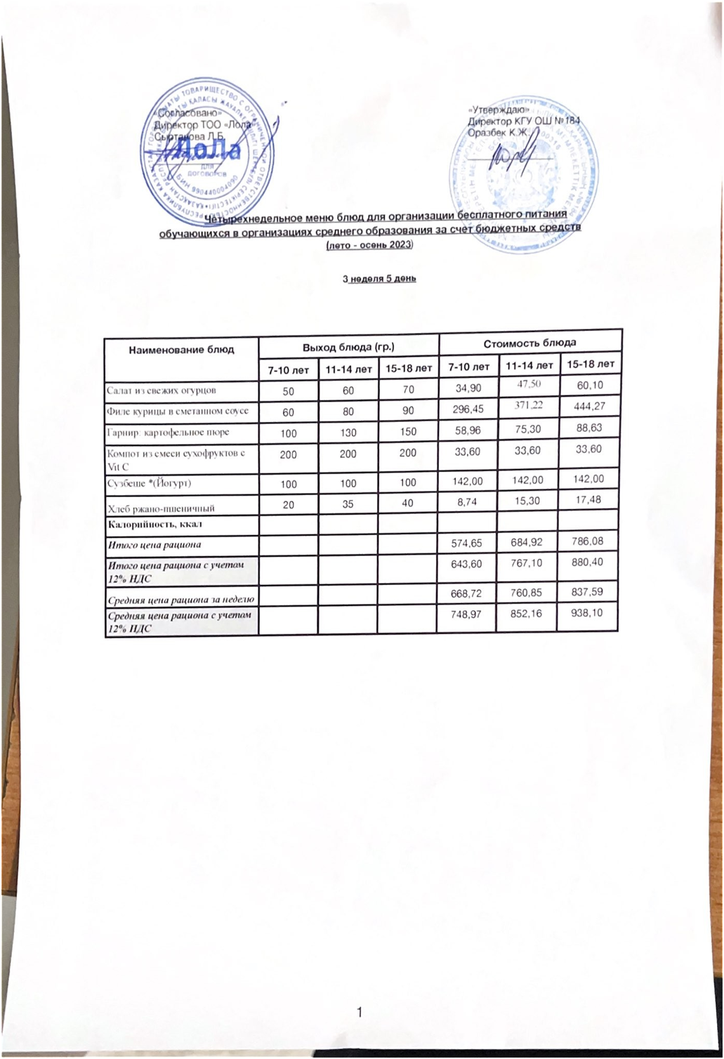 Ас мәзірі. 3 апта 5- күн (22.09.2023)