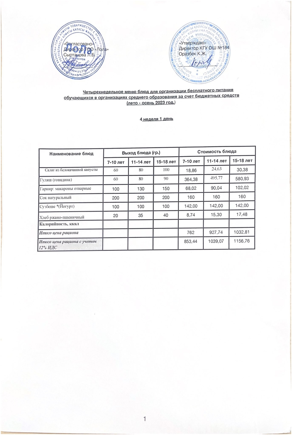 Ас мәзірі. 4 апта 1- күн (23.10.2023)