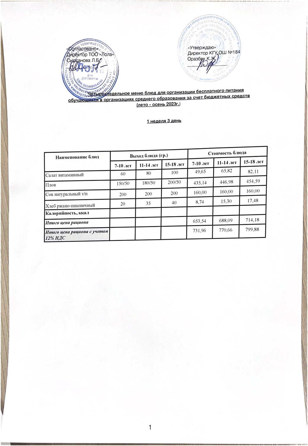 Ас мәзірі. 1 апта 3- күн (8.11.2023)