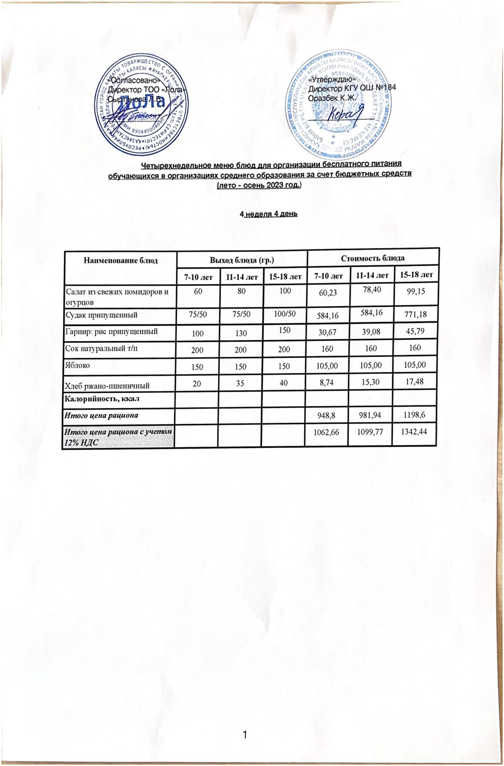 Ас мәзірі. 4 апта 4- күн (30.11.2023)