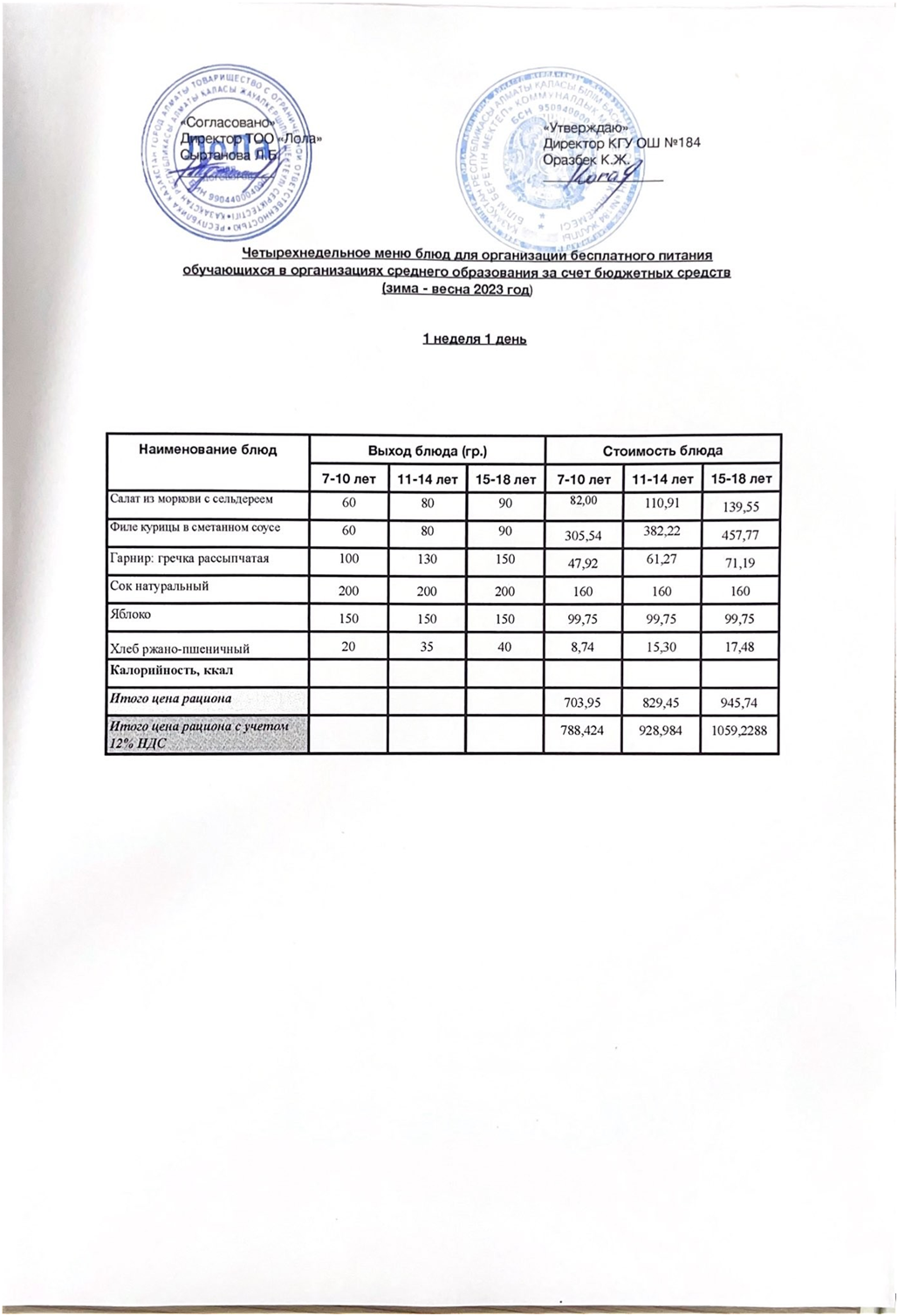Ас мәзірі. 1 апта 1- күн (04.12.2023)