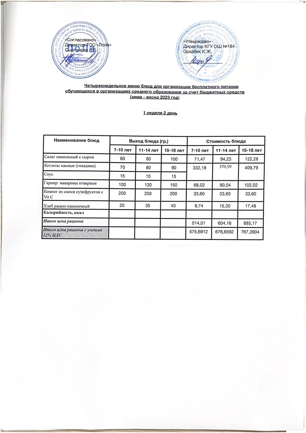 Ас мәзірі. 1 апта 2- күн (05.12.2023)