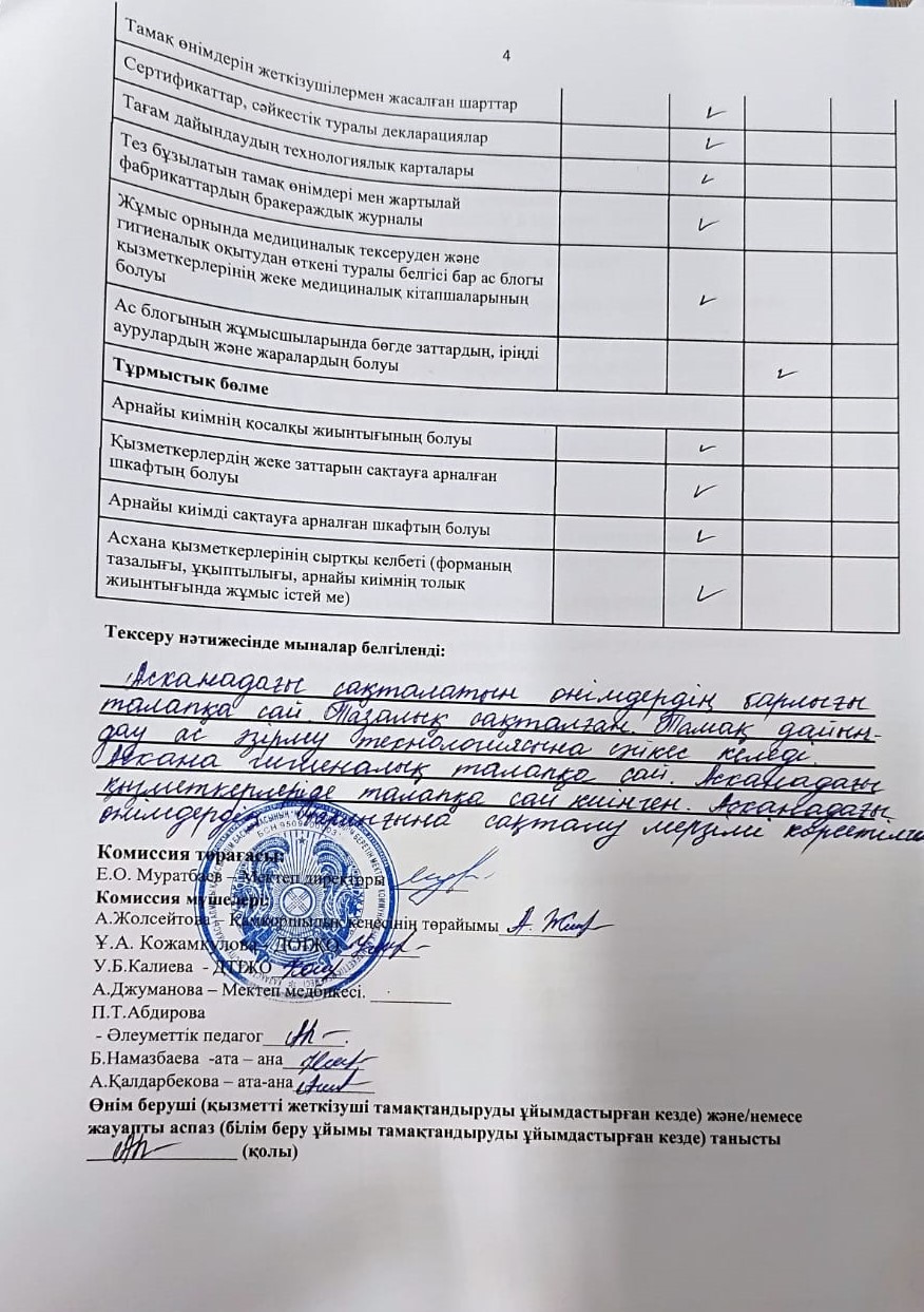 Асхана жұмысын қадағалау және ыстық тамақтың сапасын тексеру