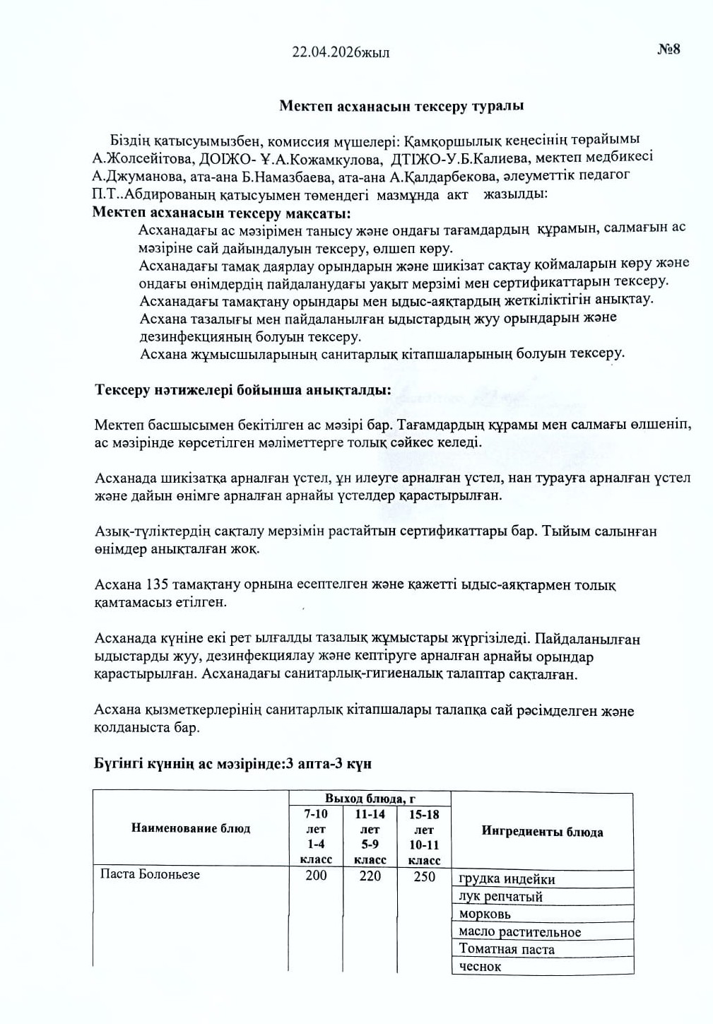 Асхана жұмысын қадағалау және ыстық тамақтың сапасын тексеру АКТ